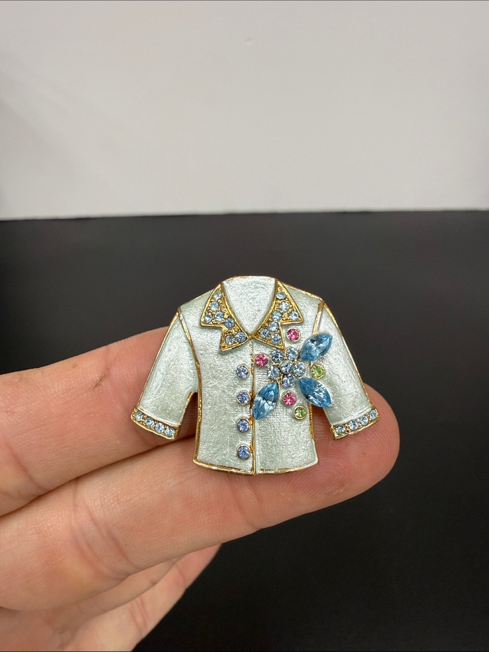 Light Blue Enamel Jacket Brooch with Multicolor Crystal Accents